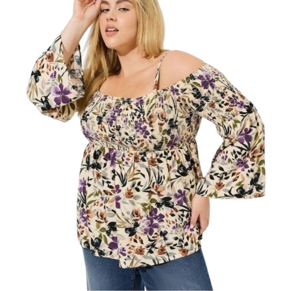 Torrid Smocked Cold Shoulder Floral Top Size 3